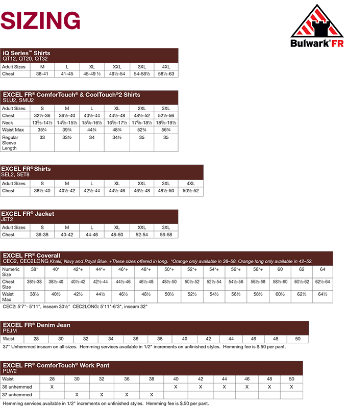 Bulwark Size Chart