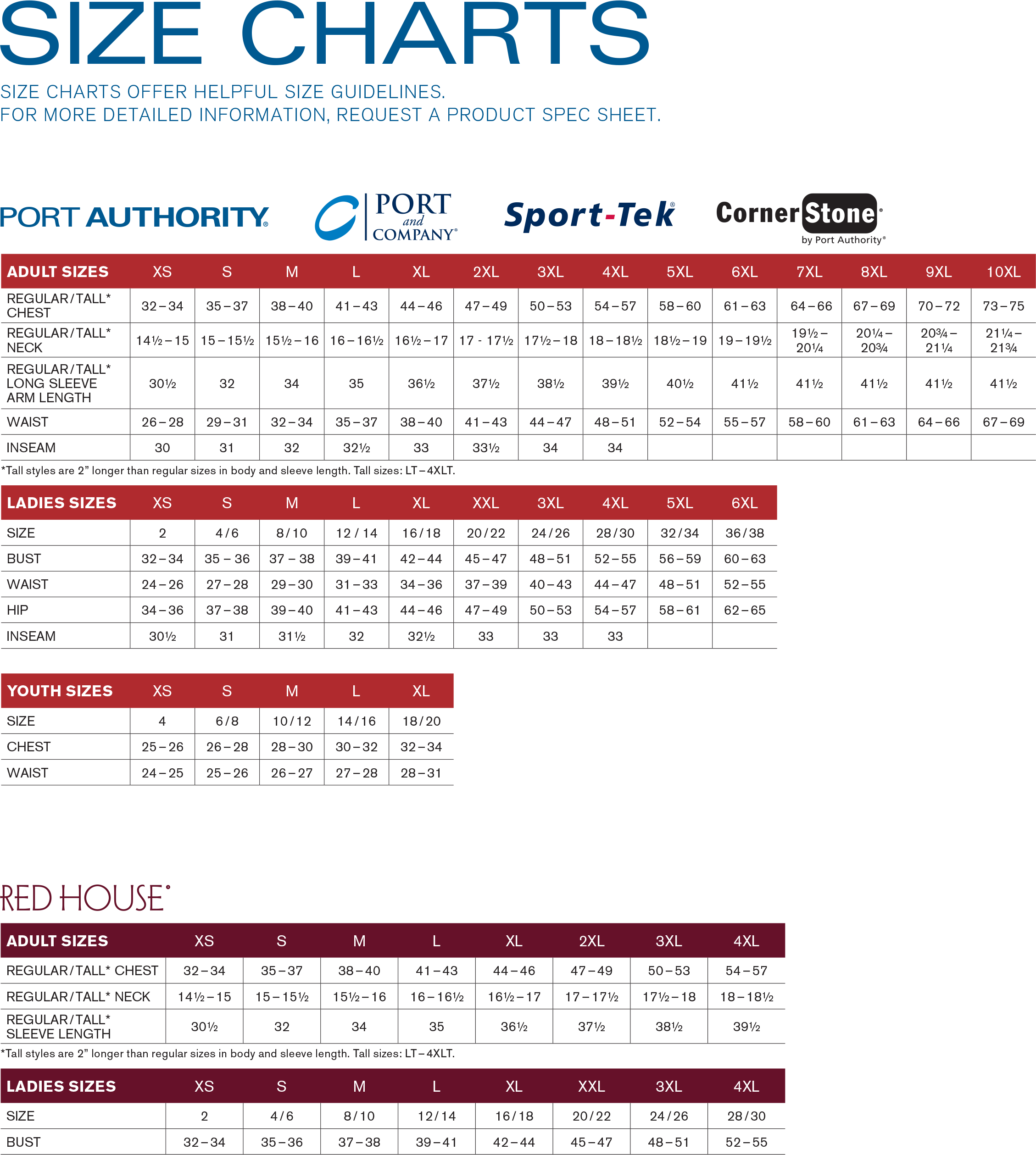 Port Authority Size Charts